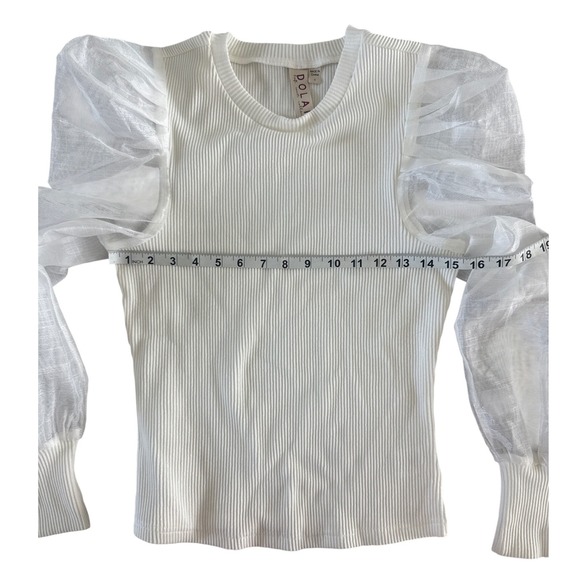 Anthropologie Dolan Sheer Puff Sleeve Ribbed Top Sweater Organza Ivory White‎ S - Picture 10 of 15